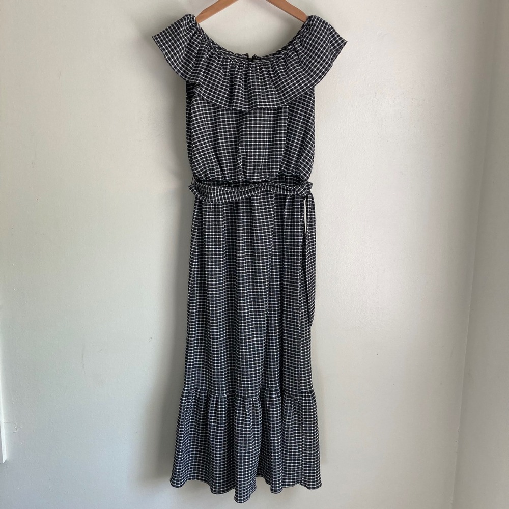 DKNY Womens Black White Gingham Plaid Ruffle Maxi Dress Size 2